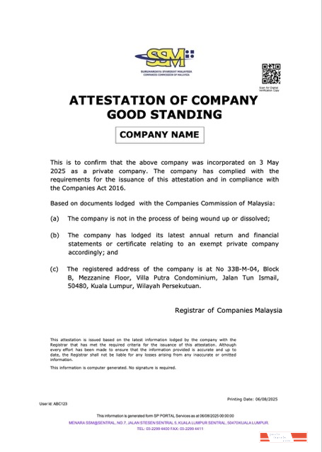 Malaysia attestation of company good standing Word and PDF template